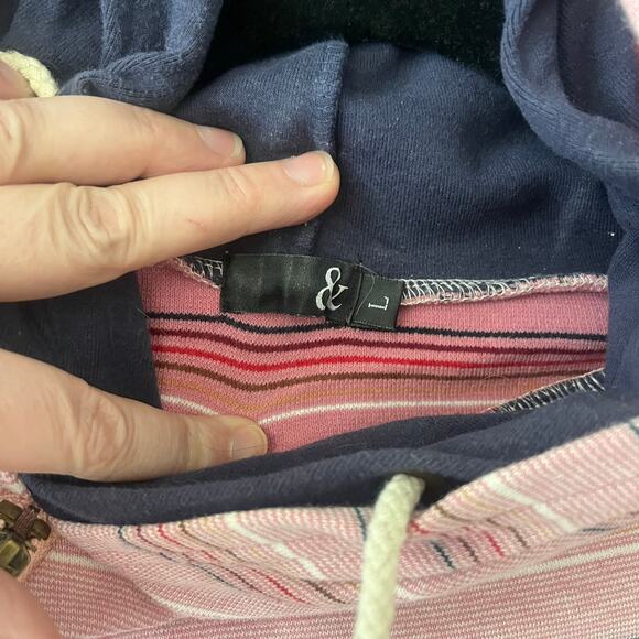 Ampersand Ave Pink Striped Navy Lining Double Hooded Sweatshirt Women's Sz LG - Picture 6 of 6
